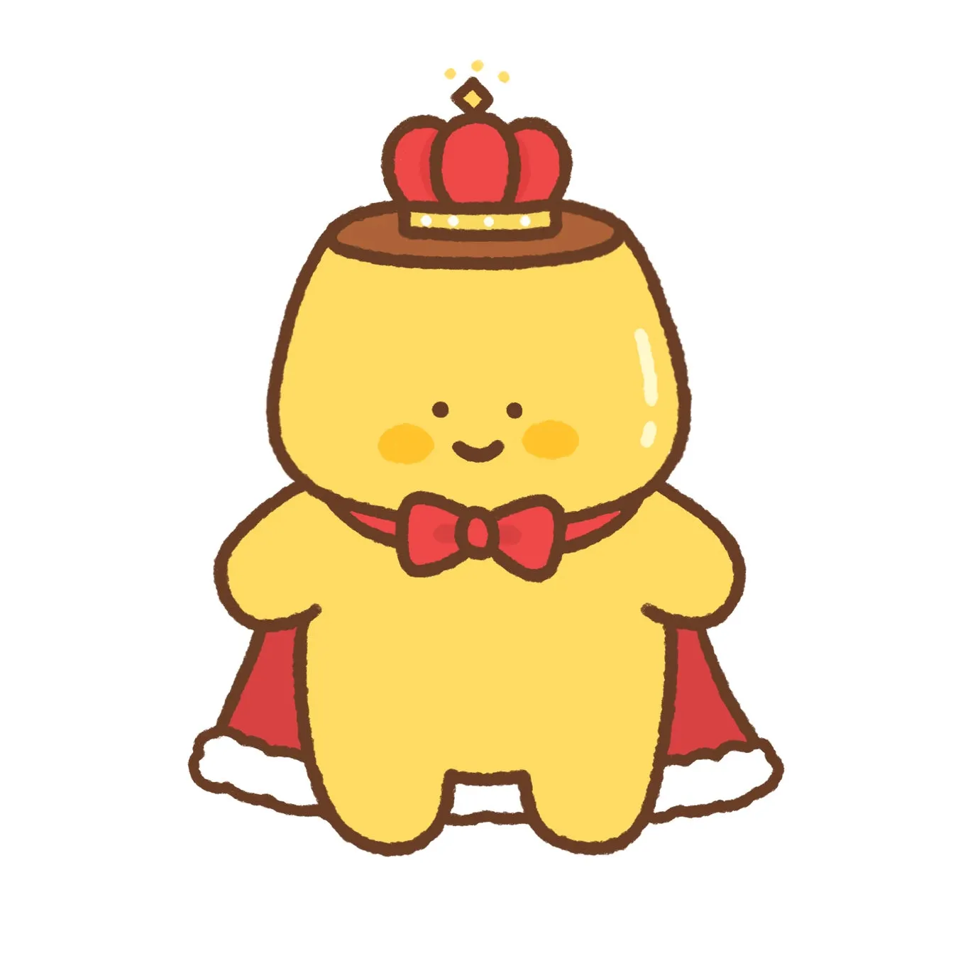 プリンのキャラクターが王冠をかぶり、マントと蝶ネクタイを着用しているイラストです。