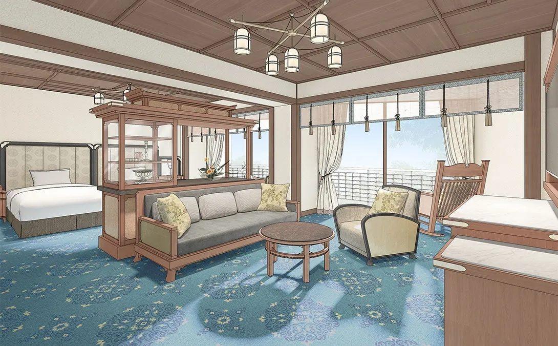 和風のホテルの客室のイラスト。客室には、ベッド、ソファ、椅子、テーブル、窓、照明器具などが描かれています。床は青色のカーペットで、天井は木目調です。