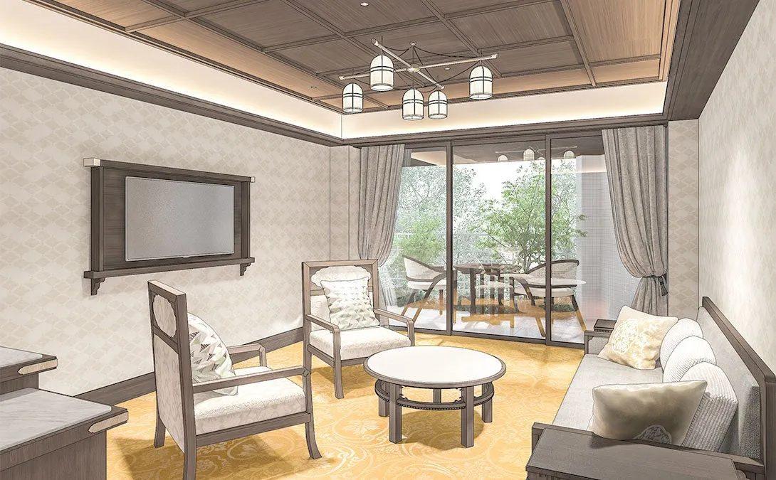 リビングルームのインテリアデザインです。テレビ、椅子、テーブル、ソファが配置されており、窓の外にはバルコニーが見えます。落ち着いた雰囲気で、リラックスできる空間です。